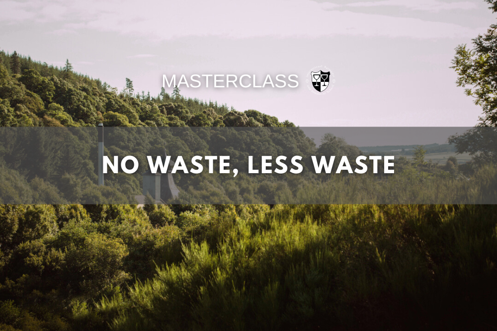 Obraz przedstawia krajobraz leśny z wizerunkiem tekstu "MASTERCLASS" oraz "NO WASTE, LESS WASTE". - Szkoła barmanów i sommelierów MSBiS